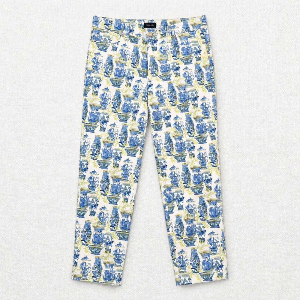 Talbots Slim Ankle Jean 10 Blue White Chinoiserie Ginger Jar Vase Print Pants - Picture 2 of 10